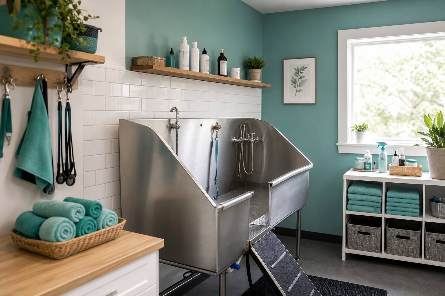 Spa-like dog bathing suite with teal towels, plants, and a walk-in grooming tub